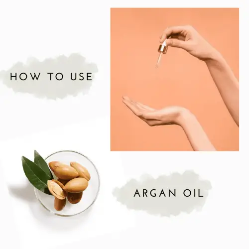 hands holding argan oil next to a bowl of argan nuts